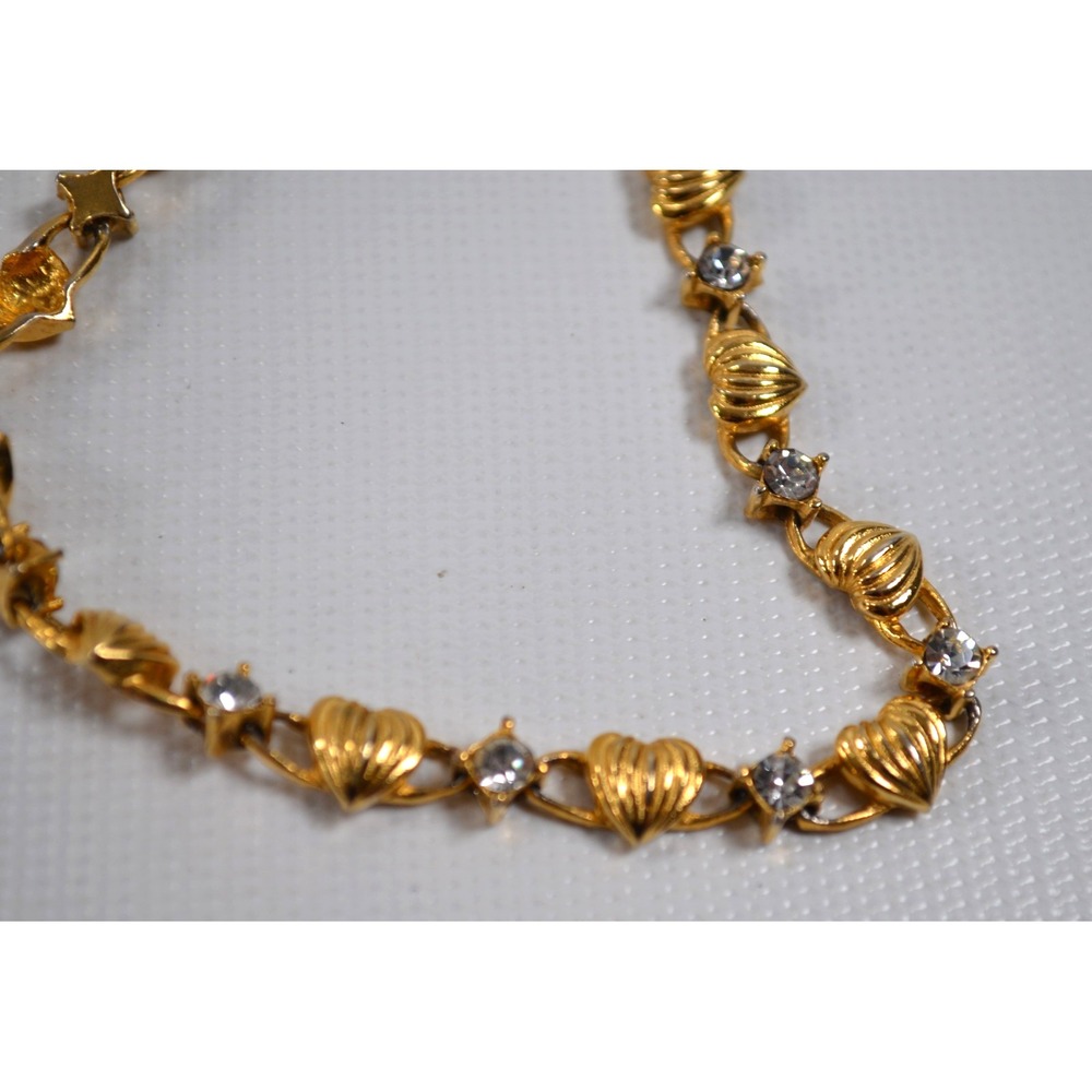 Vtg Avon Gold Tone Bracelet Textured Ridged Hearts Clear Rhinestone Crystals 8"
